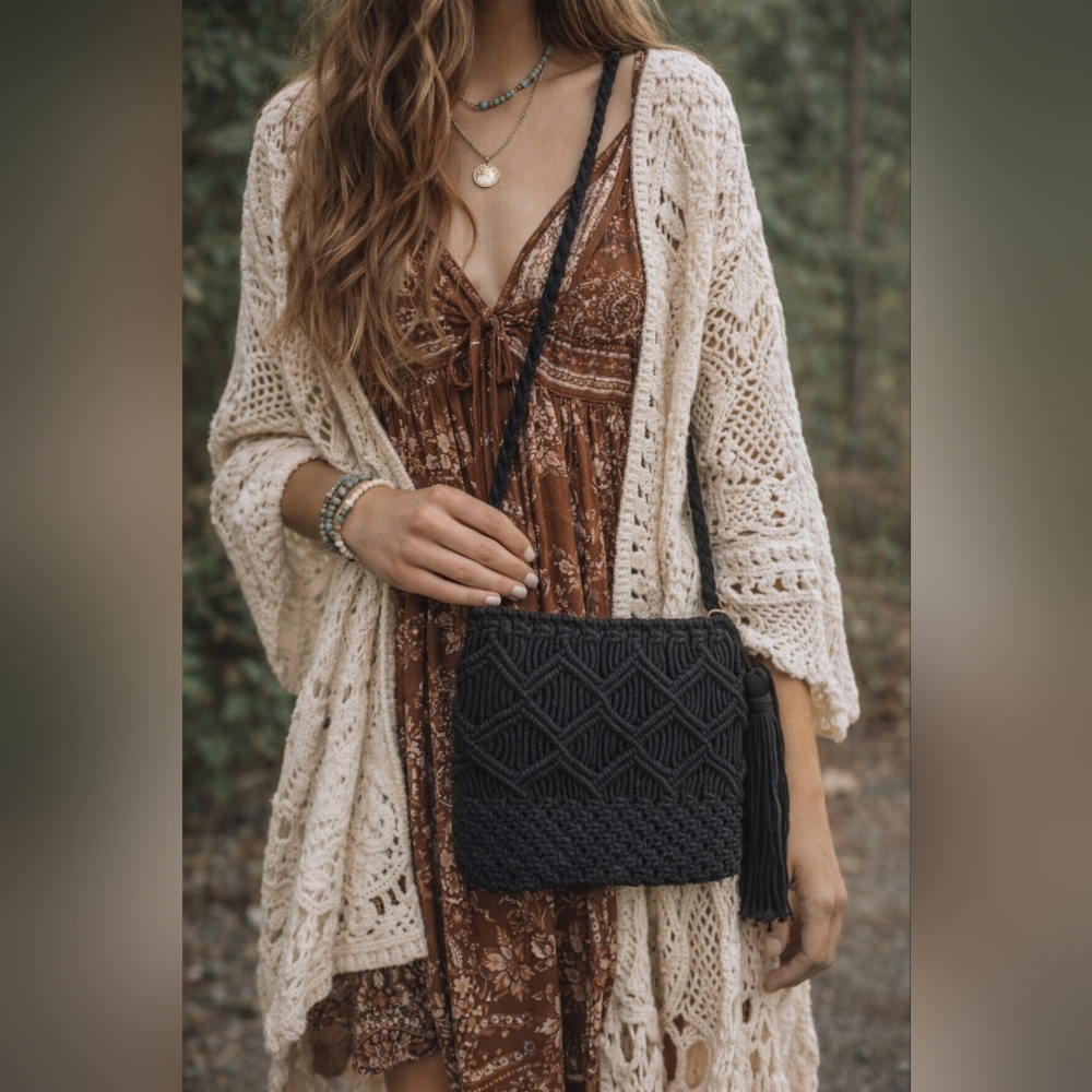 Anju Adira Woven Cotton Macrame Crossbody Bag Black Boho Artisan NWT